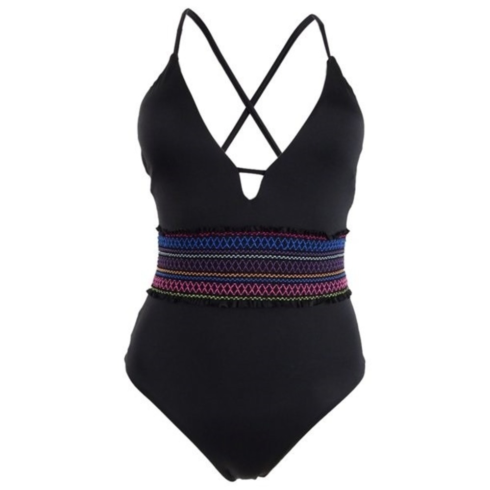 NWOT Bar III S Smocked Black Deep V 1PC Swimsuit 130804 - Picture 2 of 5